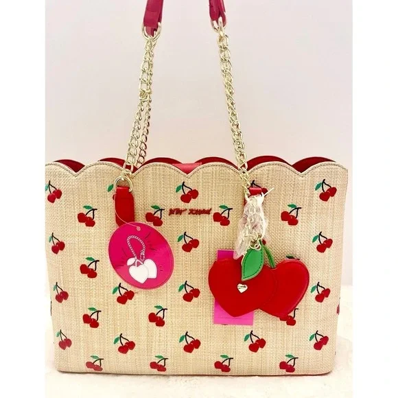 Betsey Johnson Cherry Print Straw Tote Bag Red Scalloped Top Chain Straps Charm - Picture 1 of 10